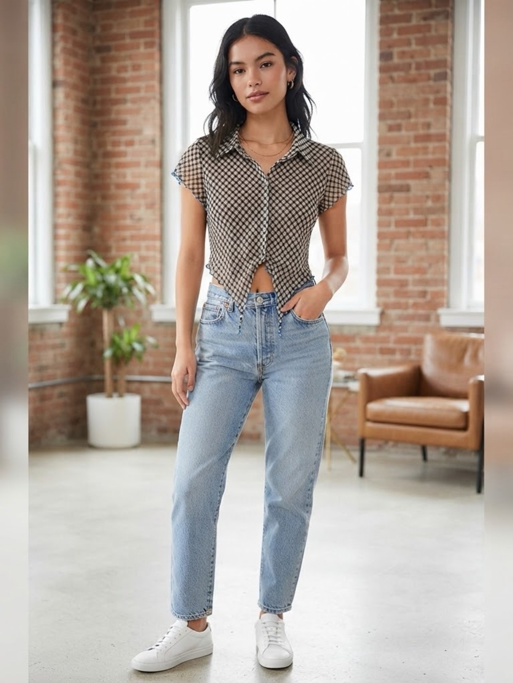 Checked Cap-Sleeve Tie-Front Blouse in Black and Cream by Expired Girl size XS